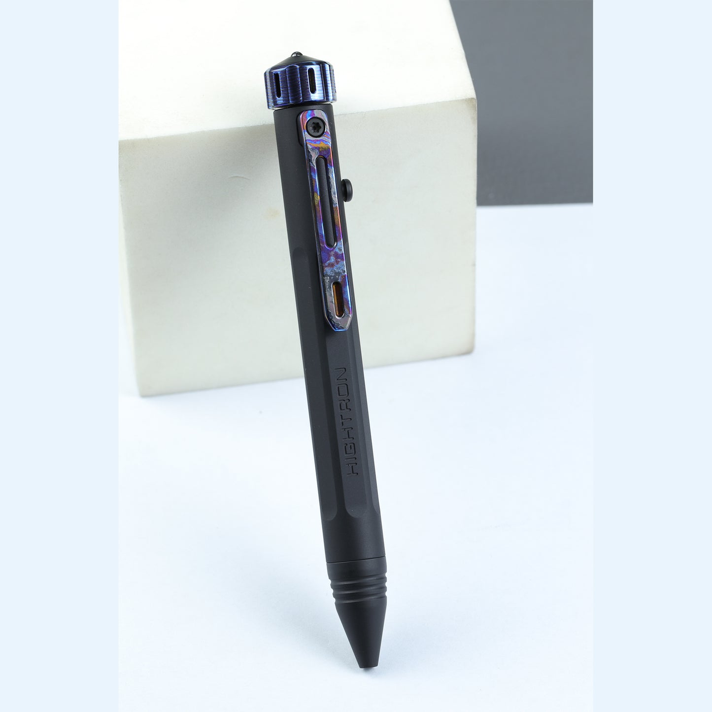 Hightron Vortron Titanium Pen, Black Coated Titanium with Zirconium Damascus Spinner & Clip