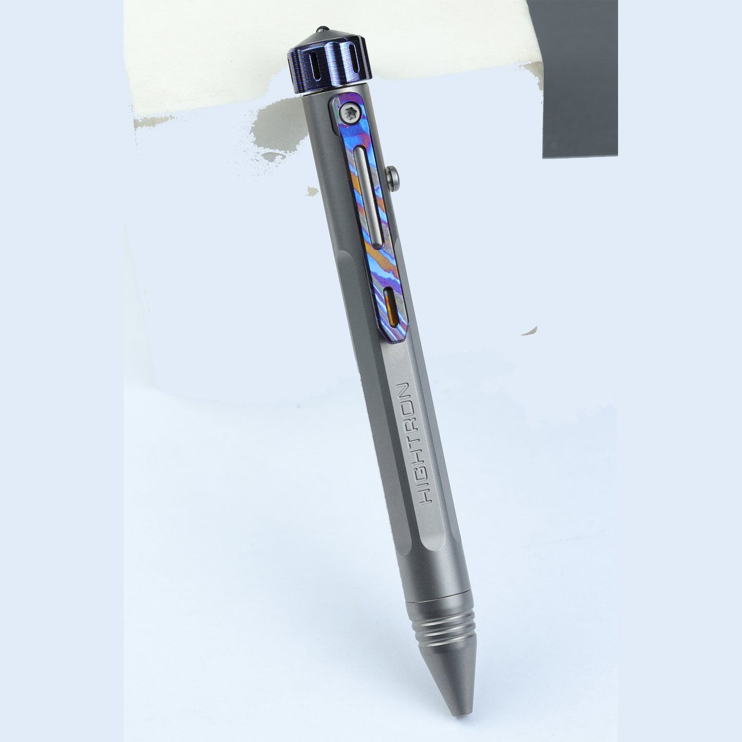 Hightron Vortron Titanium Pen, Gray Titanium with Zirconium Damascus Spinner & Clip
