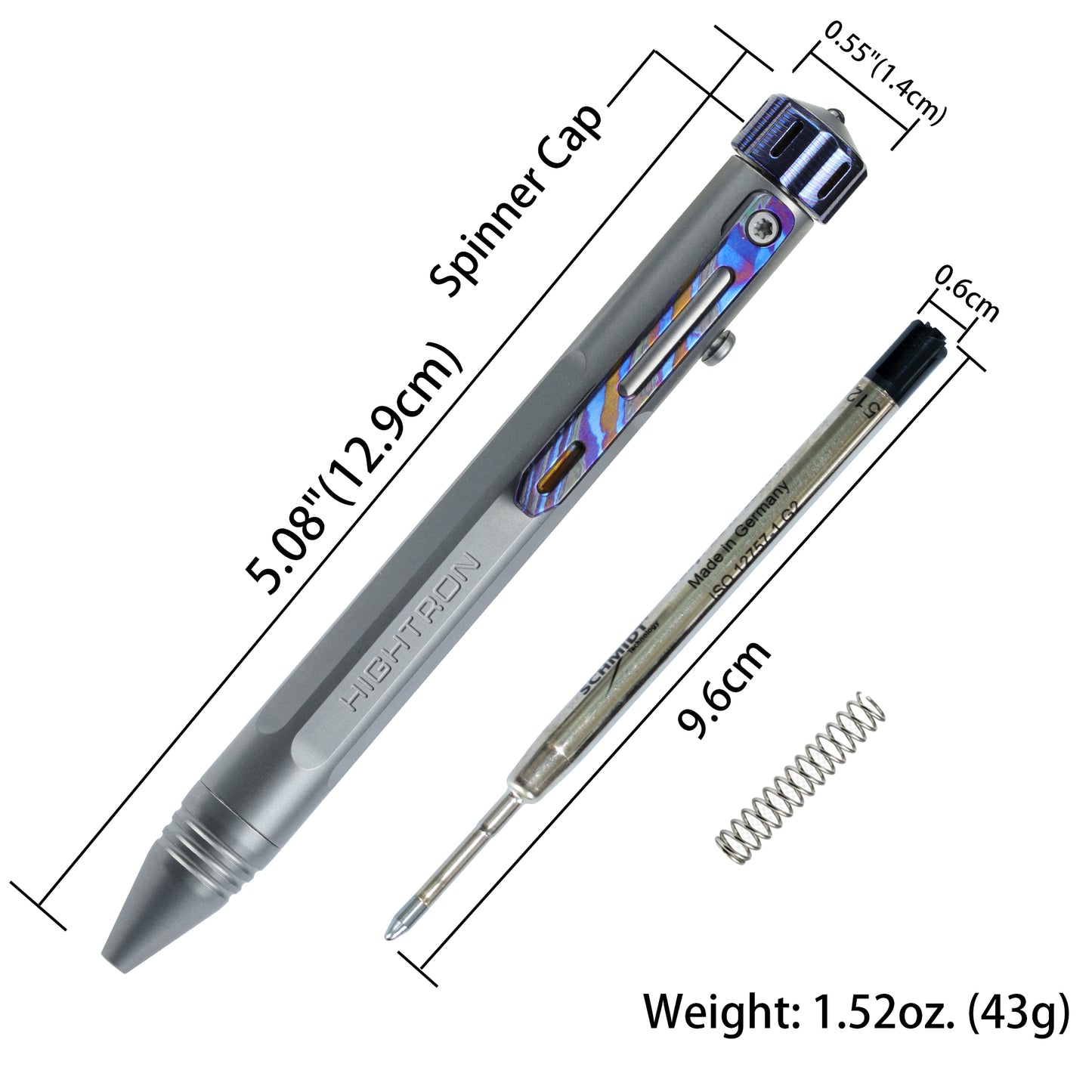 Hightron Vortron Titanium Pen, Gray Titanium with Zirconium Damascus Spinner & Clip